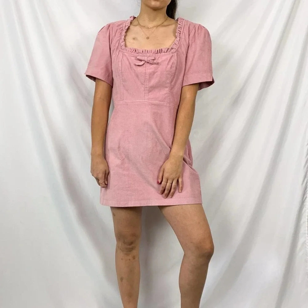 NWT Urban Outfitters Pink Claudia Corduroy Square Neck Mini Dress Size Large - Picture 12 of 12